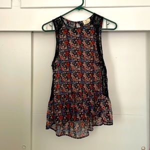 Pins & needles size xs sheer floral hi lo top with black lace details